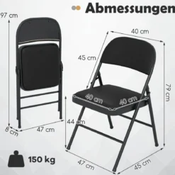 4er Klappstühle Gartenstuhl klappbar Campingstuhl Kunstleder mit Metallrahmen Esszimmertühle gepolstert bis 150KG belastbar Schwarz