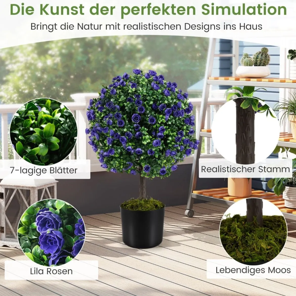 2er Kunstpflanze mit Blättern & Rosenblüten in Lila Buchsbaum mit Topf Kunstbaum 55cm