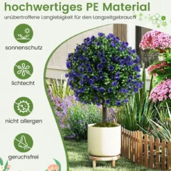 2er Kunstpflanze mit Blättern & Rosenblüten in Lila Buchsbaum mit Topf Kunstbaum 55cm