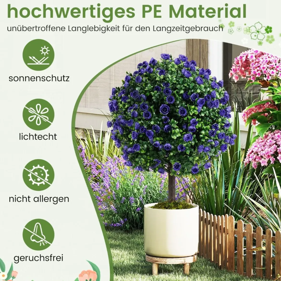 2er Kunstpflanze mit Blättern & Rosenblüten in Lila Buchsbaum mit Topf Kunstbaum 55cm