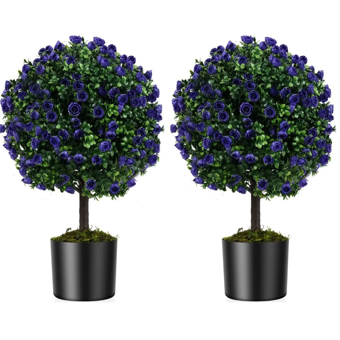 2er Kunstpflanze mit Blättern & Rosenblüten in Lila Buchsbaum mit Topf Kunstbaum 55cm