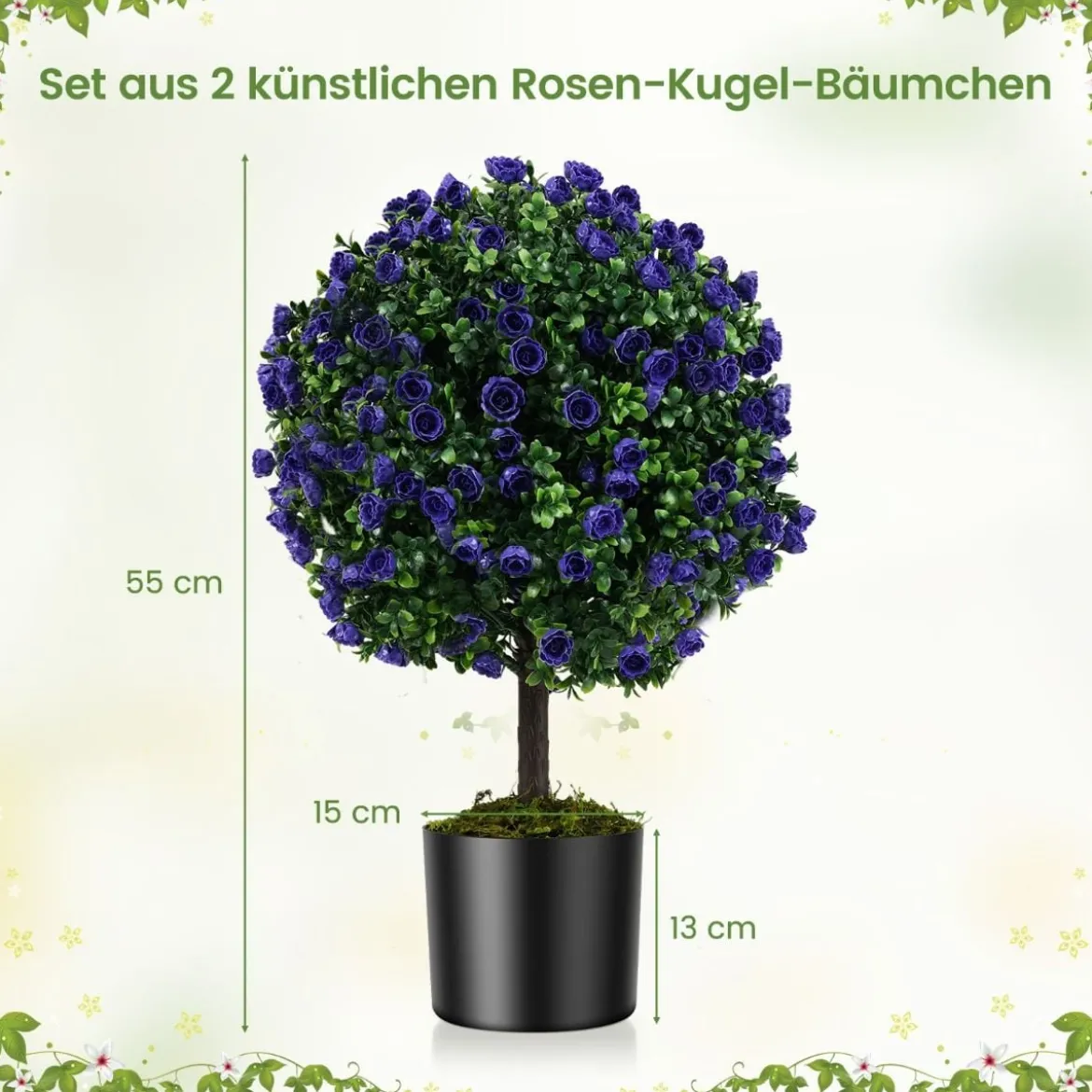 2er Kunstpflanze mit Blättern & Rosenblüten in Lila Buchsbaum mit Topf Kunstbaum 55cm
