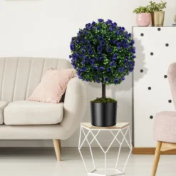 2er Kunstpflanze mit Blättern & Rosenblüten in Lila Buchsbaum mit Topf Kunstbaum 55cm