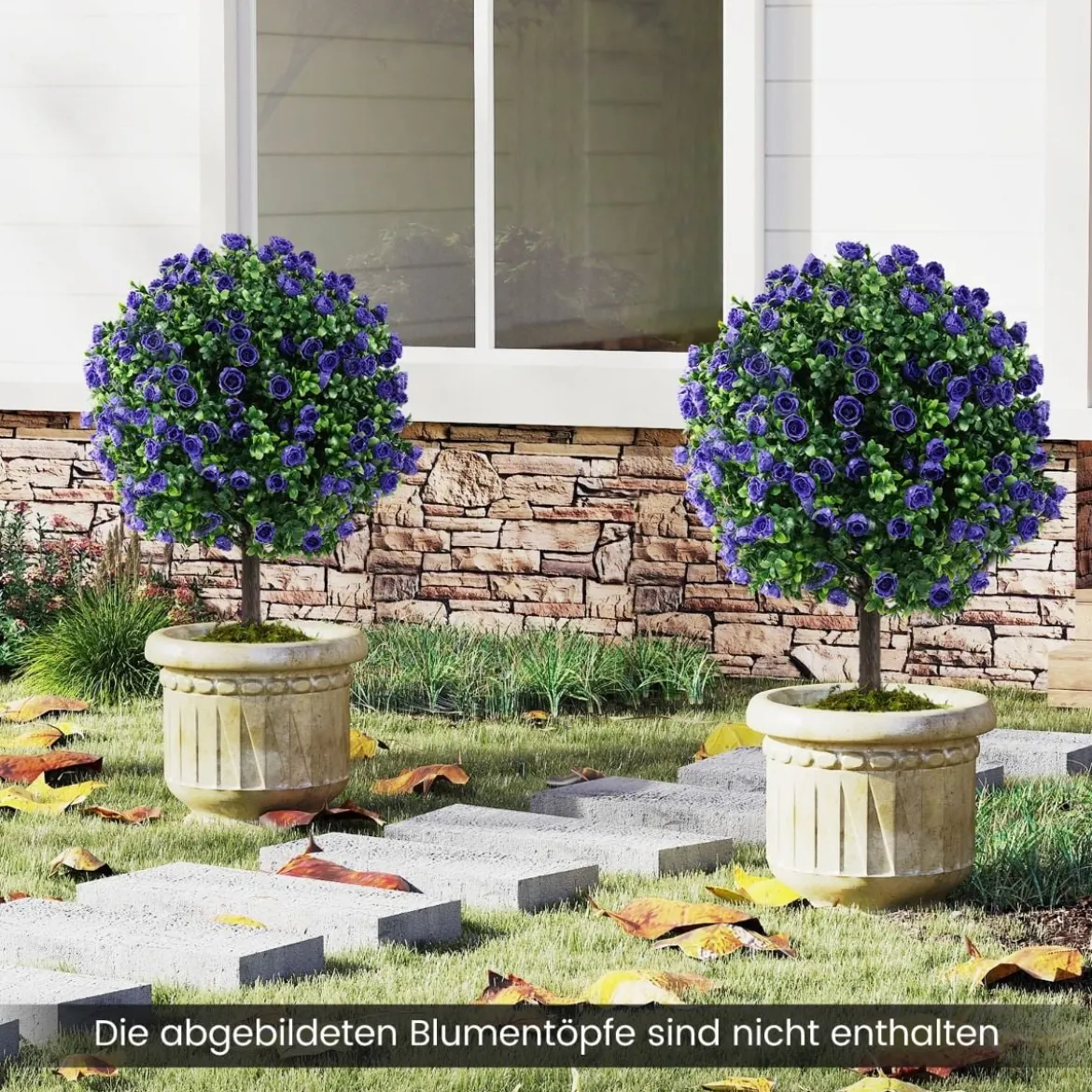 2er Kunstpflanze mit Blättern & Rosenblüten in Lila Buchsbaum mit Topf Kunstbaum 55cm