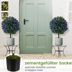 2er Kunstpflanze mit Blättern & Rosenblüten in Lila Buchsbaum mit Topf Kunstbaum 55cm