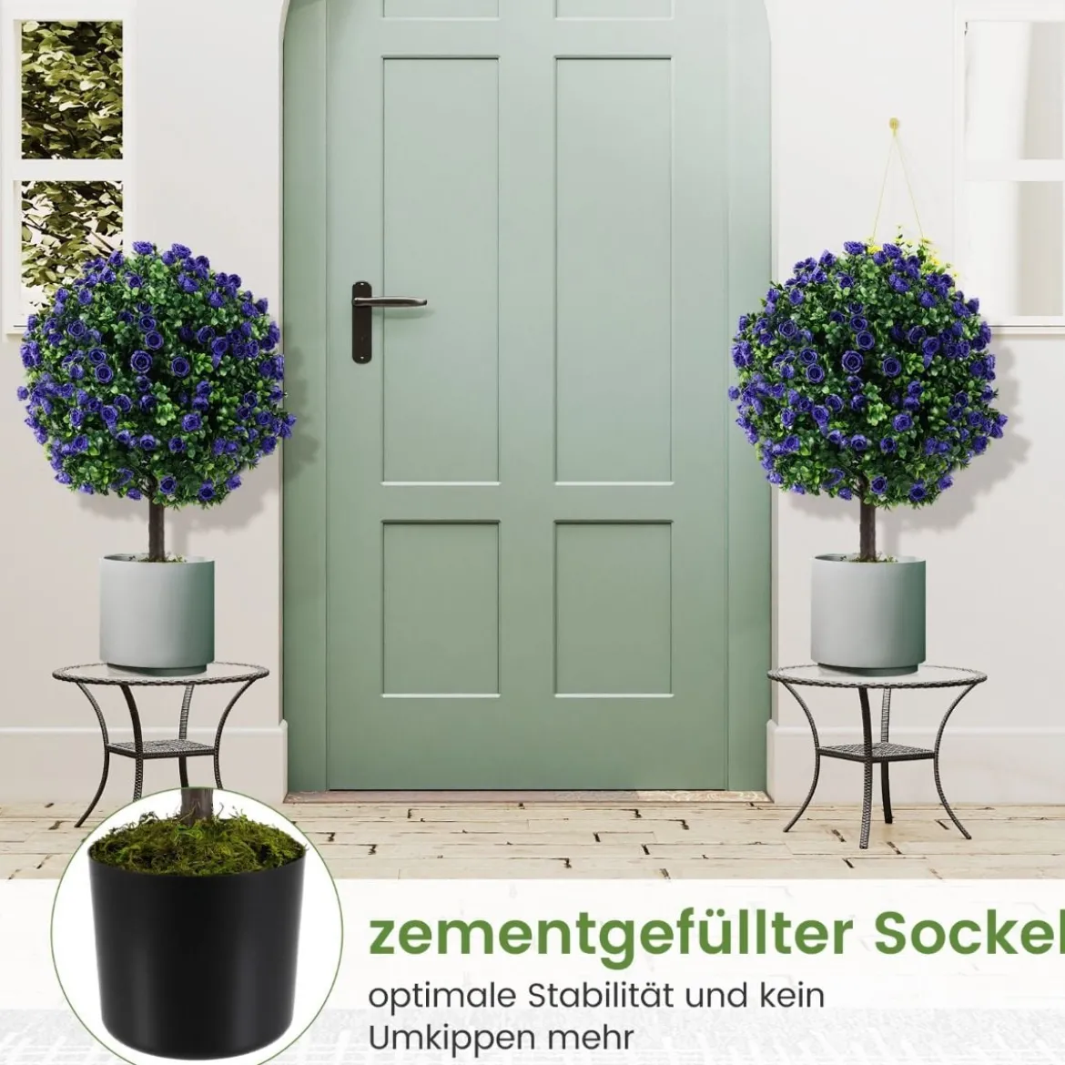 2er Kunstpflanze mit Blättern & Rosenblüten in Lila Buchsbaum mit Topf Kunstbaum 55cm