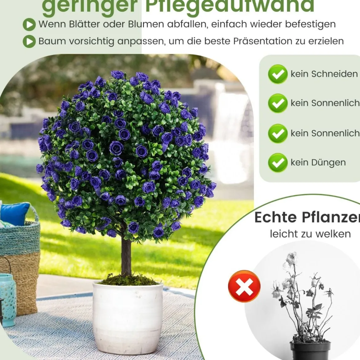 2er Kunstpflanze mit Blättern & Rosenblüten in Lila Buchsbaum mit Topf Kunstbaum 55cm