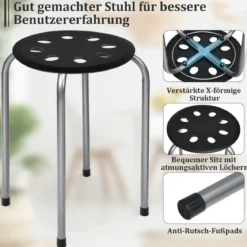 6er-Pack Stapelbare Metallhocker Runder Sitz Hocker 30 x 30 x 44,5 cm Schwarz + Silber