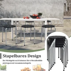 6er-Pack Stapelbare Metallhocker Runder Sitz Hocker 30 x 30 x 44,5 cm Schwarz + Silber