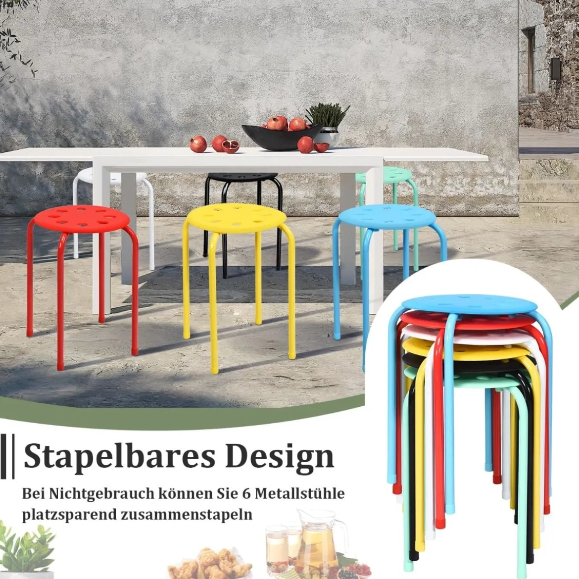 6er-Pack Stapelbare Metallhocker Sortierte Farben Hocker für Kinder 30 x 30 x 44,5 cm Bunt