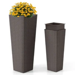2er Pflanzkübel mit Innentopf 82 cm / 60 cm hoch Rattan Pflanzgefäße stapelbar Blumentöpfe mit Entwässerungslöchern Braun