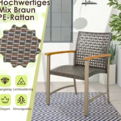 4er Rattan Gartenstuhlset mit Akazienholz-Armlehnen & Metallgestell Terrasse Essstühle