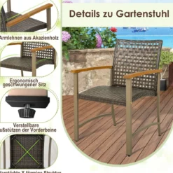 4er Rattan Gartenstuhlset mit Akazienholz-Armlehnen & Metallgestell Terrasse Essstühle