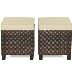2er Ratten Sitzhocker Garten Hocker Rattan-Ottomanen mit Sitzkissen 40 x 40 x 45 cm Braun + Beige