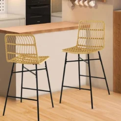 2er-Set aus 104 cm Hohen Rattan-Barhockern 56 x 49 x 104 cm Gelb und Schwarz