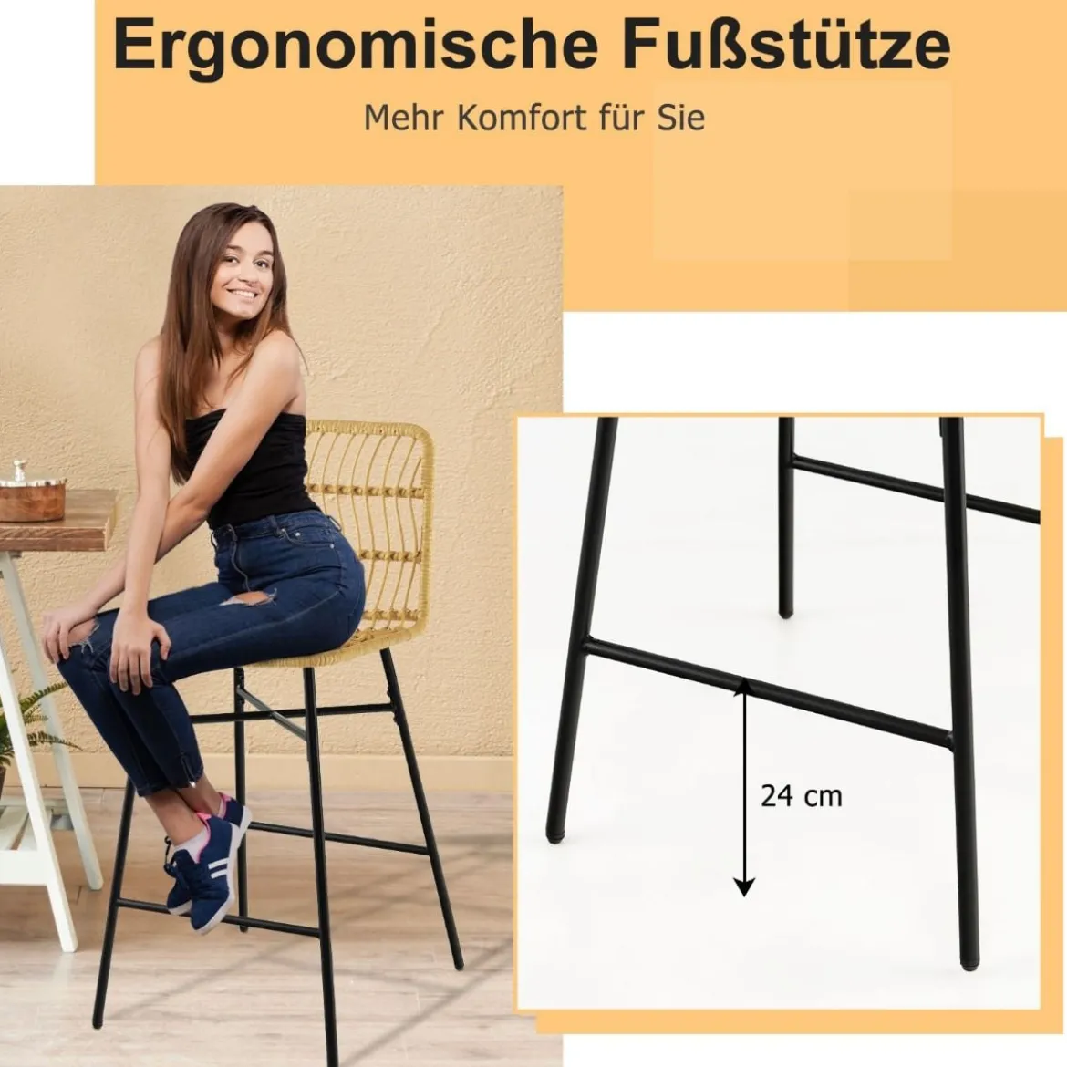 2er-Set aus 104 cm Hohen Rattan-Barhockern 56 x 49 x 104 cm Gelb und Schwarz