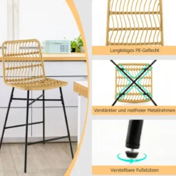 2er-Set aus 104 cm Hohen Rattan-Barhockern 56 x 49 x 104 cm Gelb und Schwarz