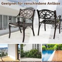 2er Set Balkonstühle aus Aluminiumguss mit Armlehnen Wetterfeste Terrassenstühle Bronze