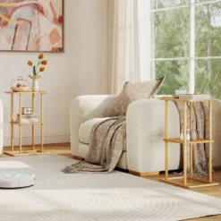 2er Set Bambus Beistelltisch mit Aufbewahrungsregalen Rechteckiger Sofatisch Couchtisch Natur
