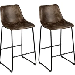 2 er Set Barhocker aus Holz mit Rücklehne Tresenhocker mit Metallbeinen & Fußstütze Sitzhöhe 75 cm Gold