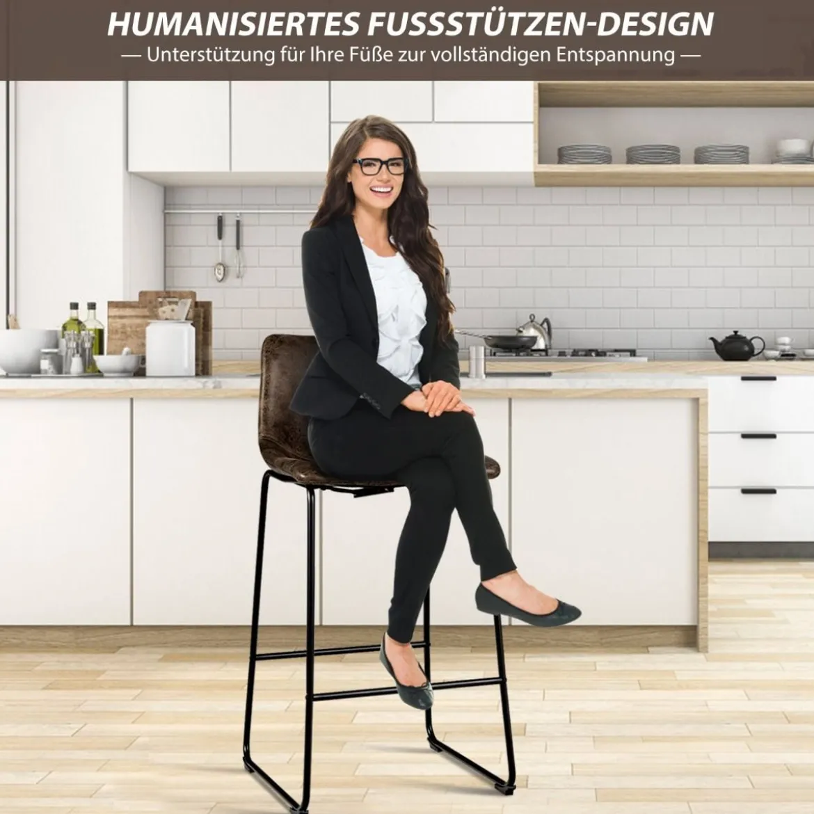 2 er Set Barhocker aus Holz mit Rücklehne Tresenhocker mit Metallbeinen & Fußstütze Sitzhöhe 75 cm Gold