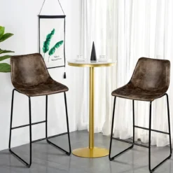2 er Set Barhocker aus Holz mit Rücklehne Tresenhocker mit Metallbeinen & Fußstütze Sitzhöhe 75 cm Gold