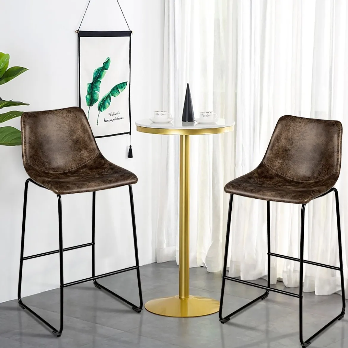 2 er Set Barhocker aus Holz mit Rücklehne Tresenhocker mit Metallbeinen & Fußstütze Sitzhöhe 75 cm Gold