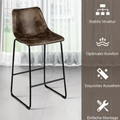 2 er Set Barhocker aus Holz mit Rücklehne Tresenhocker mit Metallbeinen & Fußstütze Sitzhöhe 75 cm Gold