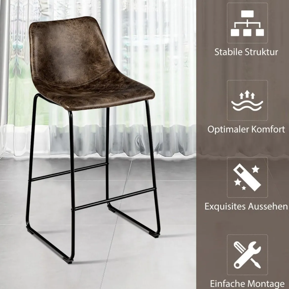 2 er Set Barhocker aus Holz mit Rücklehne Tresenhocker mit Metallbeinen & Fußstütze Sitzhöhe 75 cm Gold