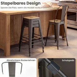 4er Set Barhocker aus Metall Stapelbar mit Abnehmbarer Rückenlehne 44,5 x 45,5 x 103 cm