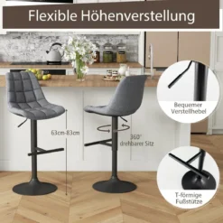2er Set Barhocker Barstuhl Küchenstuhl 360° drehbar & höhenverstellbar Bistrohocker Grau