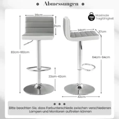 2er Set Barhocker 82-102cm Höhenverstellbare Drehbare Barstühle Küchenhocker Sitzhocker