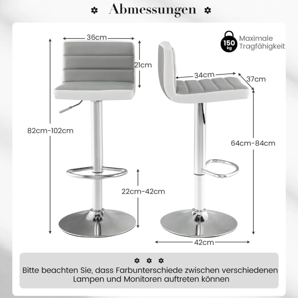 2er Set Barhocker 82-102cm Höhenverstellbare Drehbare Barstühle Küchenhocker Sitzhocker