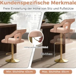 2er Set Barhocker drehbare Barstühle 63-85 höhenverstellbar Küchenhocker aus Samt Grau/Rosa