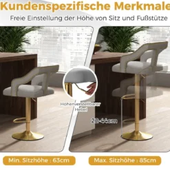 2er Set Barhocker drehbare Barstühle 63-85 höhenverstellbar Küchenhocker aus Samt Grau/Rosa