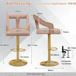 2er Set Barhocker drehbare Barstühle 63-85 höhenverstellbar Küchenhocker aus Samt Grau/Rosa