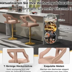 2er Set Barhocker drehbare Barstühle 63-85 höhenverstellbar Küchenhocker aus Samt Grau/Rosa