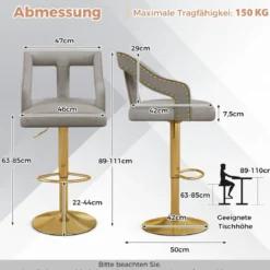 2er Set Barhocker drehbare Barstühle 63-85 höhenverstellbar Küchenhocker aus Samt Grau/Rosa