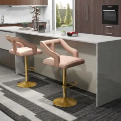 2er Set Barhocker drehbare Barstühle 63-85 höhenverstellbar Küchenhocker aus Samt Grau/Rosa