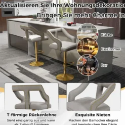 2er Set Barhocker drehbare Barstühle 63-85 höhenverstellbar Küchenhocker aus Samt Grau/Rosa
