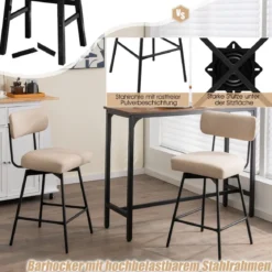 2er Set Barhocker 360° Drehbare Gepolsterte Barstühle mit Metallbeinen Beige