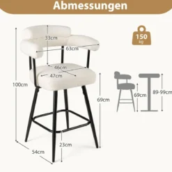 2er Set Barhocker Gepolsterter Thekenhocker 360° Drehbarer Sitzhocker Bistrohocker Weiß