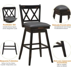 2er Set Barhocker Holz Barstuhl mit drehbarem Sitz Bistrohocker mit Fußstütze Schwarz