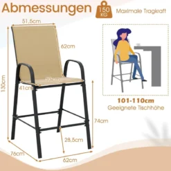 2er Set Barhocker mit Armlehnen & Hoher Rückenlehne Barstühle bis zu 150 kg Belastbar