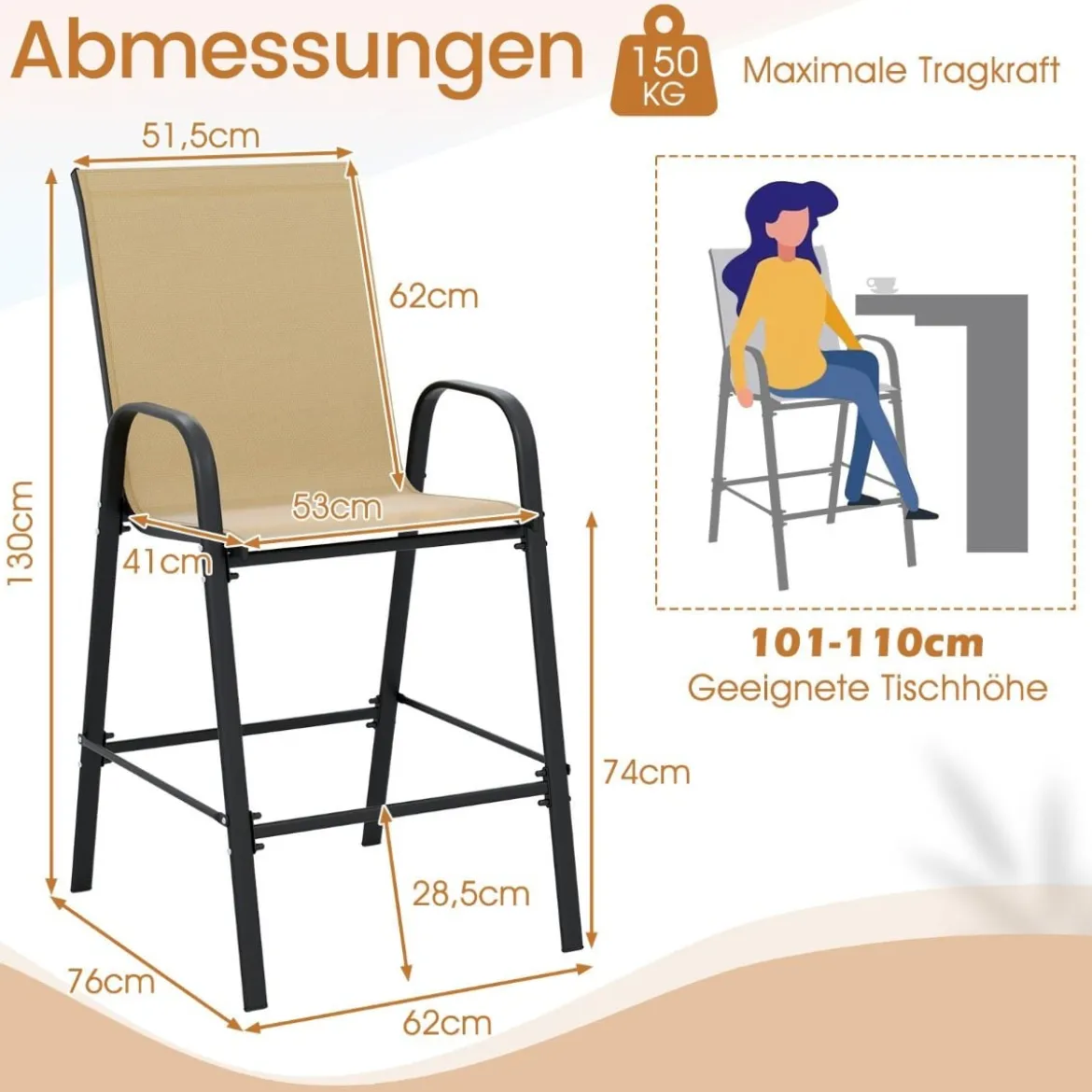 2er Set Barhocker mit Armlehnen & Hoher Rückenlehne Barstühle bis zu 150 kg Belastbar