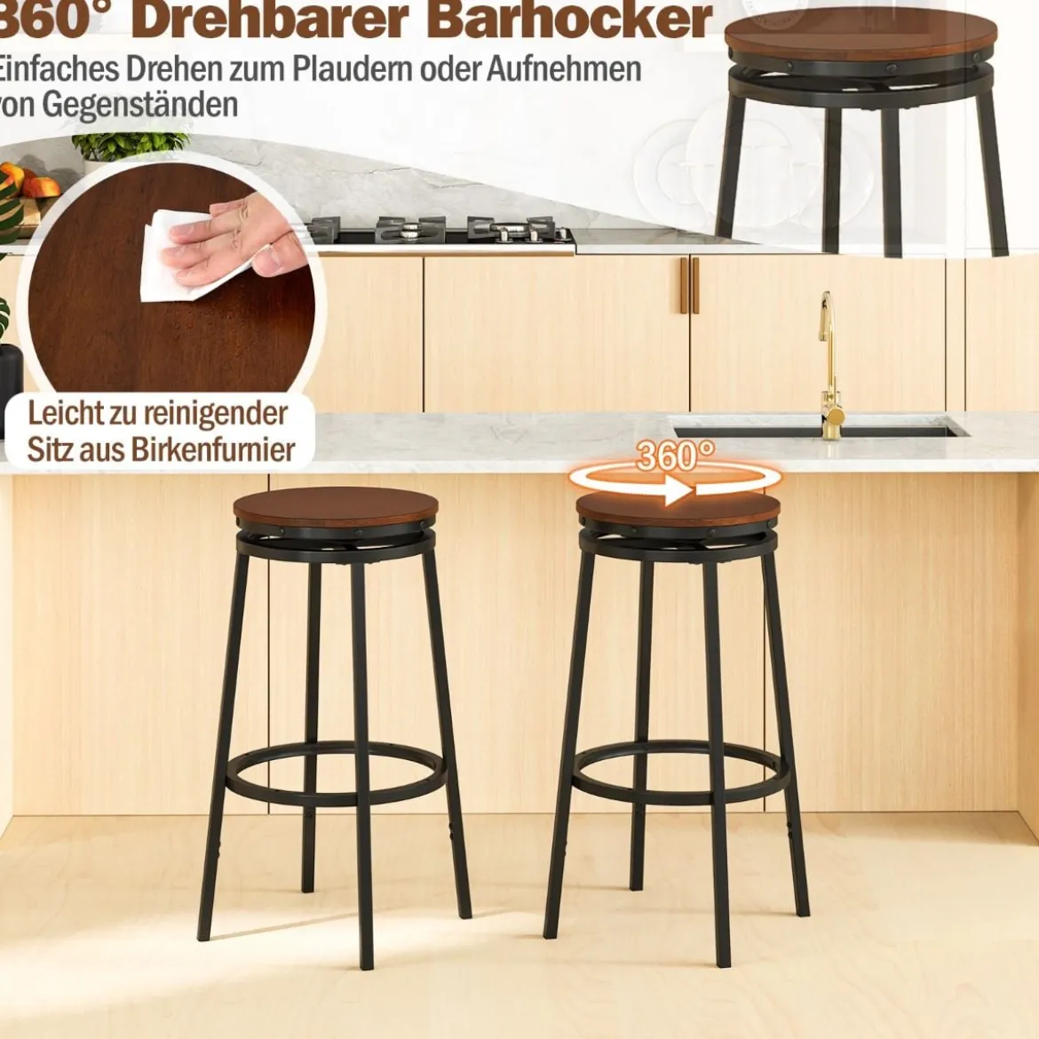 2er Set Barhocker mit 2 Einstellbare Höhen 360° Drehbare KüchenhockerThekenhocker