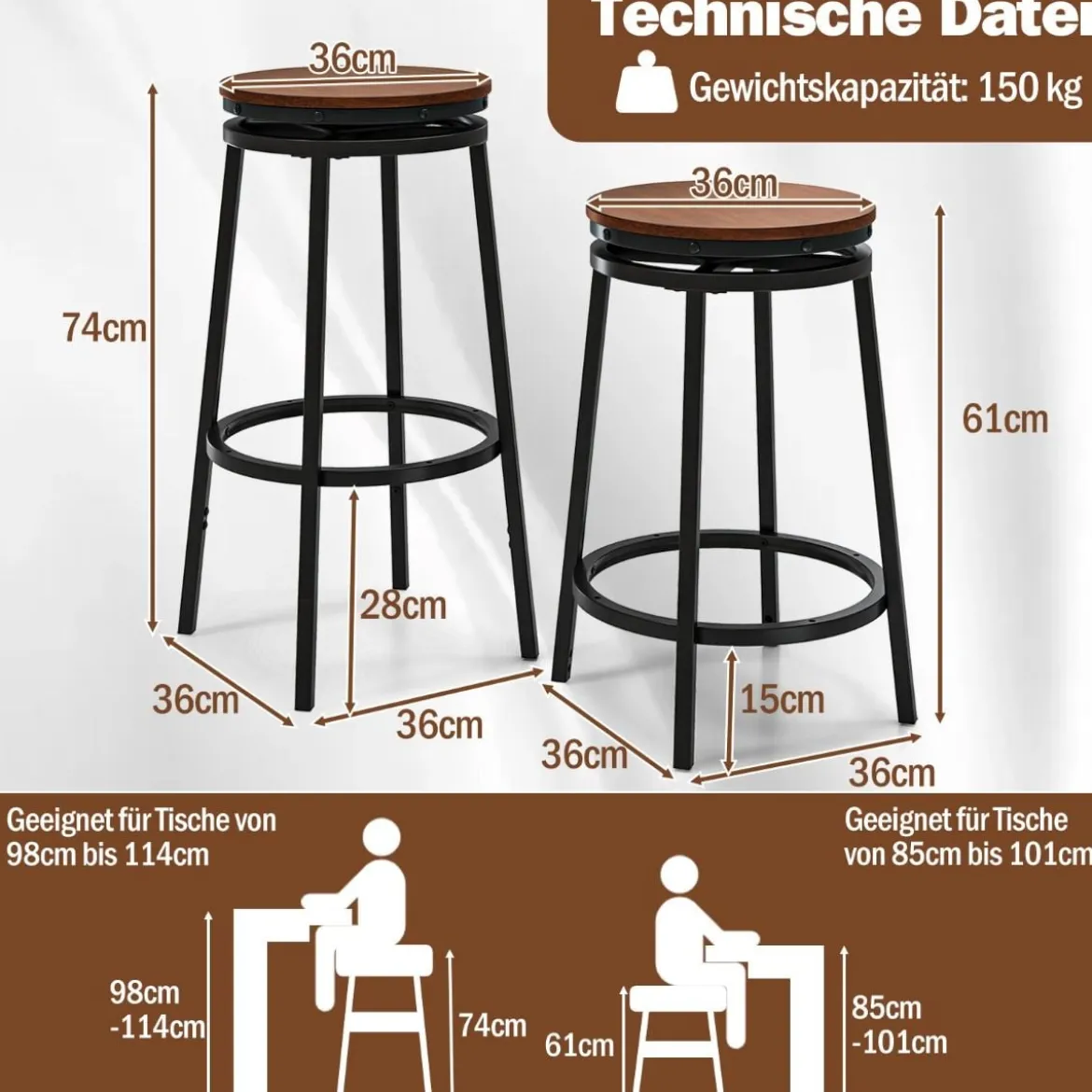 2er Set Barhocker mit 2 Einstellbare Höhen 360° Drehbare KüchenhockerThekenhocker