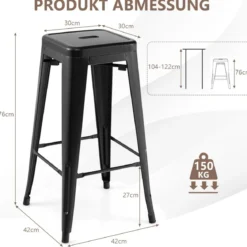 4er Set Barhocker mit Fußstütze Sitzhöhe 76cm bis 150kg Belastbar Stapelbare Tresenhocker Schwarz