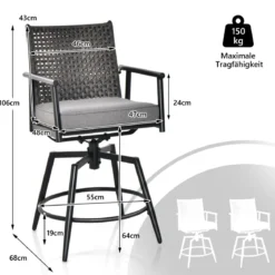 2er Set Barhocker mit 2-lagiger PE-Rattan-Rückenlehne & Abnehmbarem Gepolstertem Kissen Schwarz