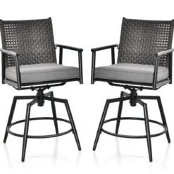 2er Set Barhocker mit 2-lagiger PE-Rattan-Rückenlehne & Abnehmbarem Gepolstertem Kissen Schwarz